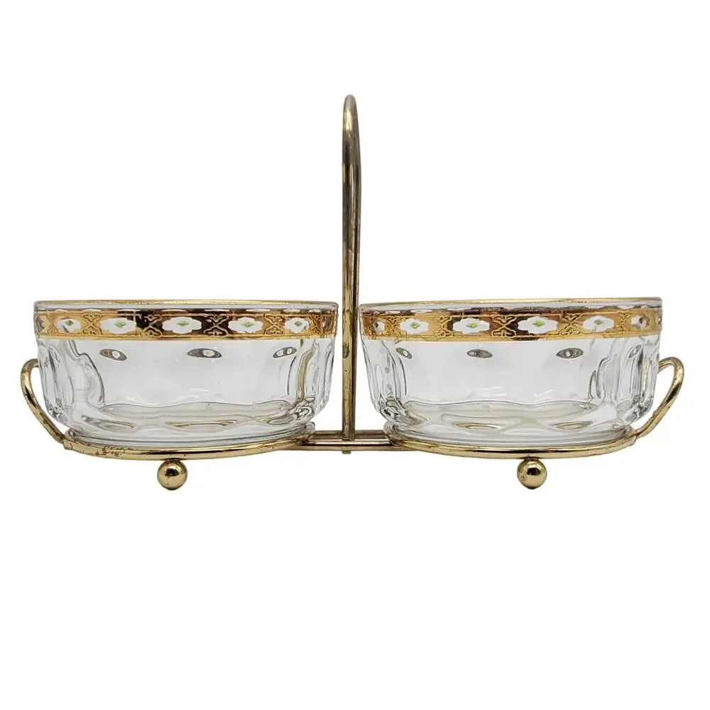 French Glass‎ Condiment Bowls Arcoroc Valencia Gilded Green Hollywood Regency